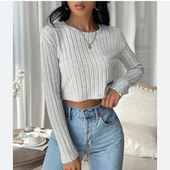 SHEIN EZwear Solid Rib-Knit Crop Tee NWT Gray size M - Picture 1 of 7